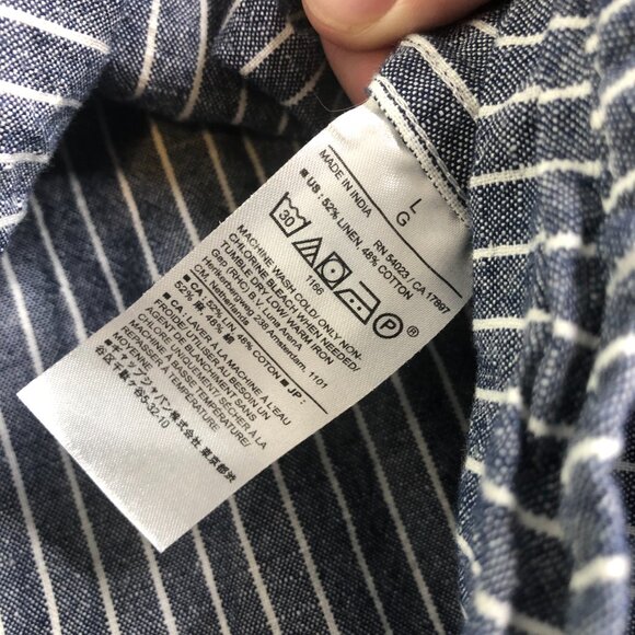 Banana Republic Shirt Mens Large Blue Button Linen Blend Stripe Band Collar - Picture 7 of 9
